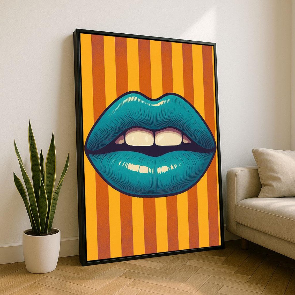 Bold Pop Art Blue Lips Glossy Yellow Striped Funky Retro Poster