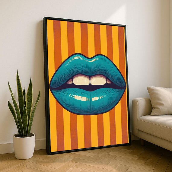 Pop Art Blue Lips Canvas Wall Print Bold Living Room Decor Ready To Hang Statement Piece