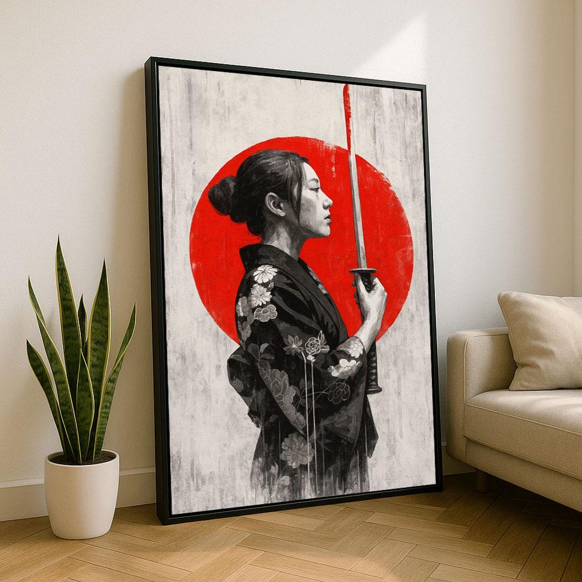 Elegant Japanese Woman Katana Black Kimono Red Sun Warrior Poster
