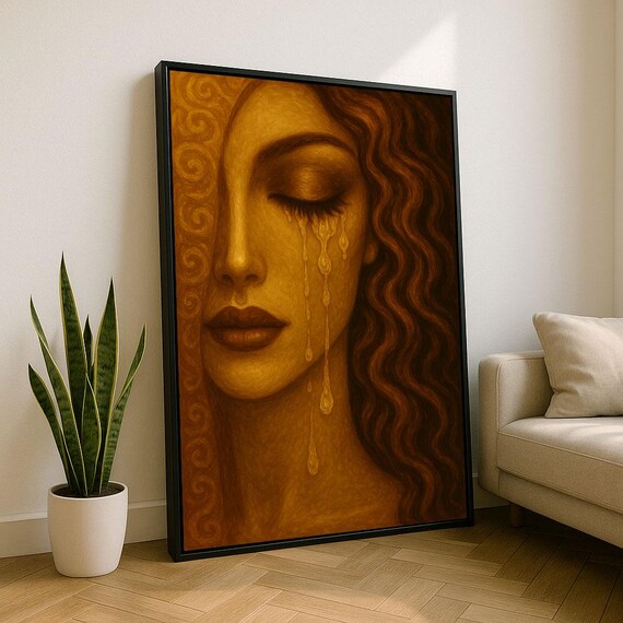 Golden Woman Face With Tears Klimt Style Emotional Art Poster