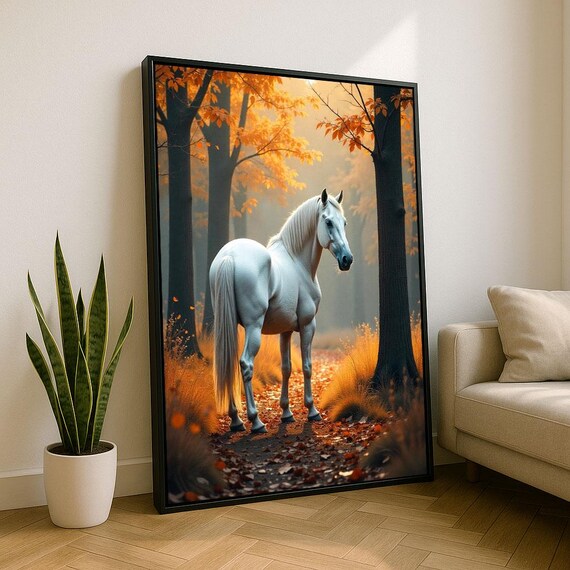 Elegant White Horse Standing in Golden Autumn Forest Art Poster