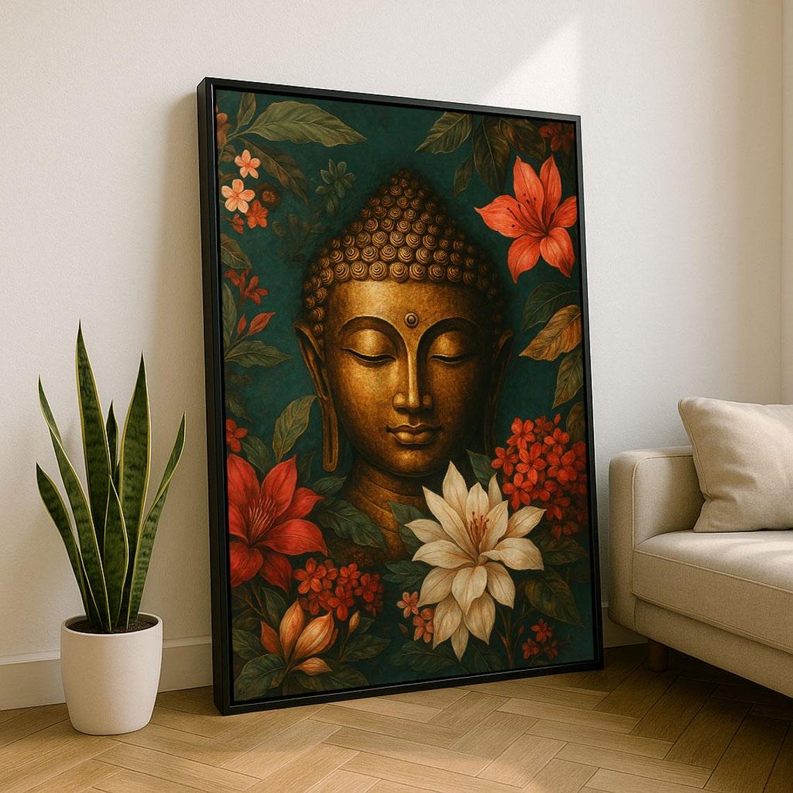 Golden Buddha Head Surrounded By Flowers Tranquil Meditation Art Poster