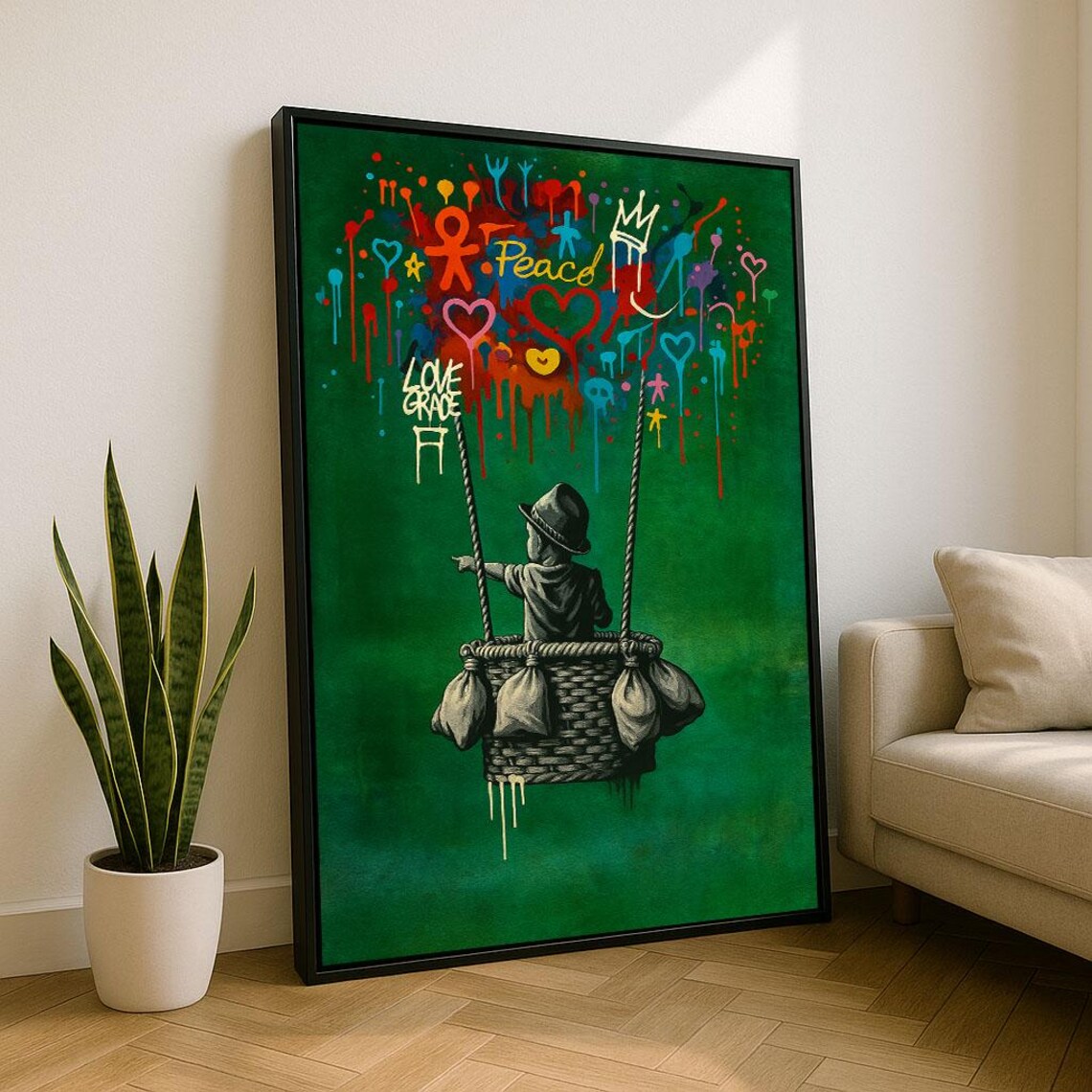 Girl In Balloon Basket Peace Love Graffiti Hearts Green Street Poster