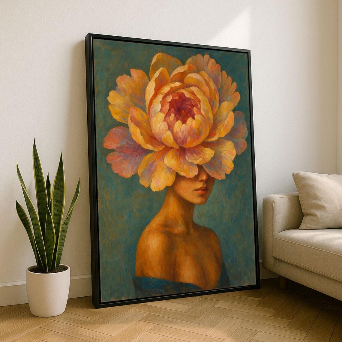 Dreamy Woman With Giant Golden Peony Head Surreal Art Poster