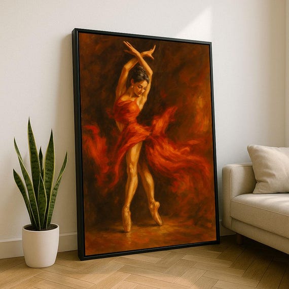 Elegant Ballerina In Red Dress Canvas Wall Art Print Fiery Living Room Decor Statement Piece