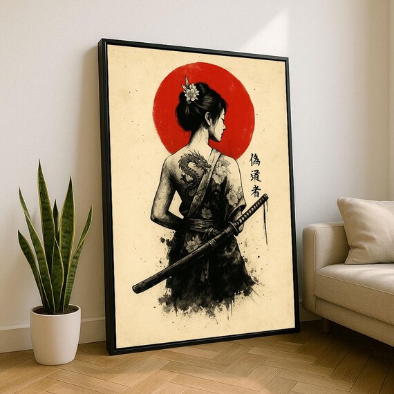 Elegant Samurai Woman With Katana Canvas Wall Art Print Red Black Living Room Decor Statement Piece