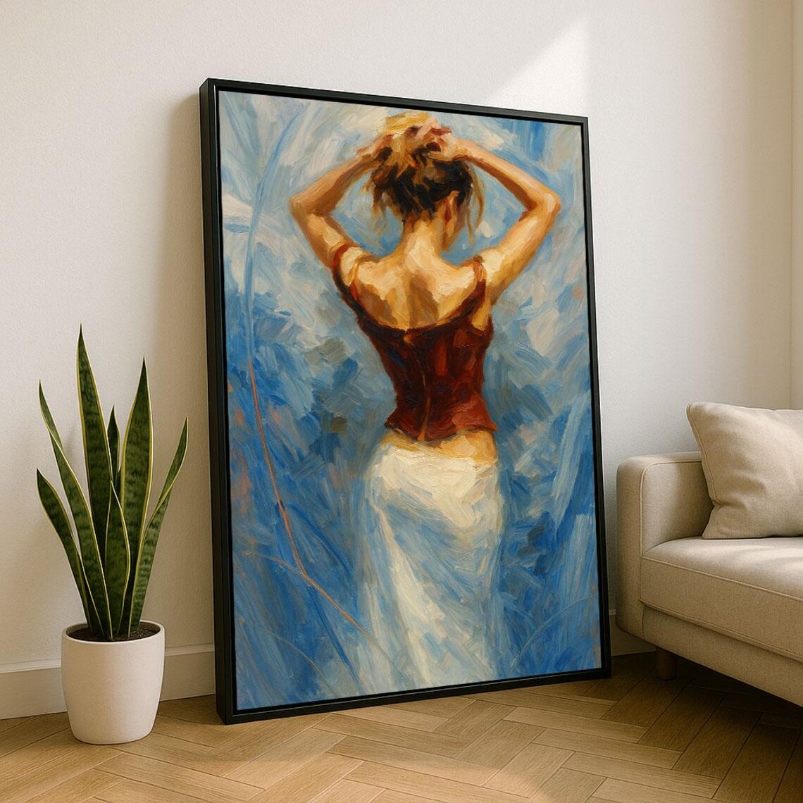 Elegant Woman In Red And Blue Impressionist Canvas Wall Art Print Modern Bedroom Decor Ready To Hang