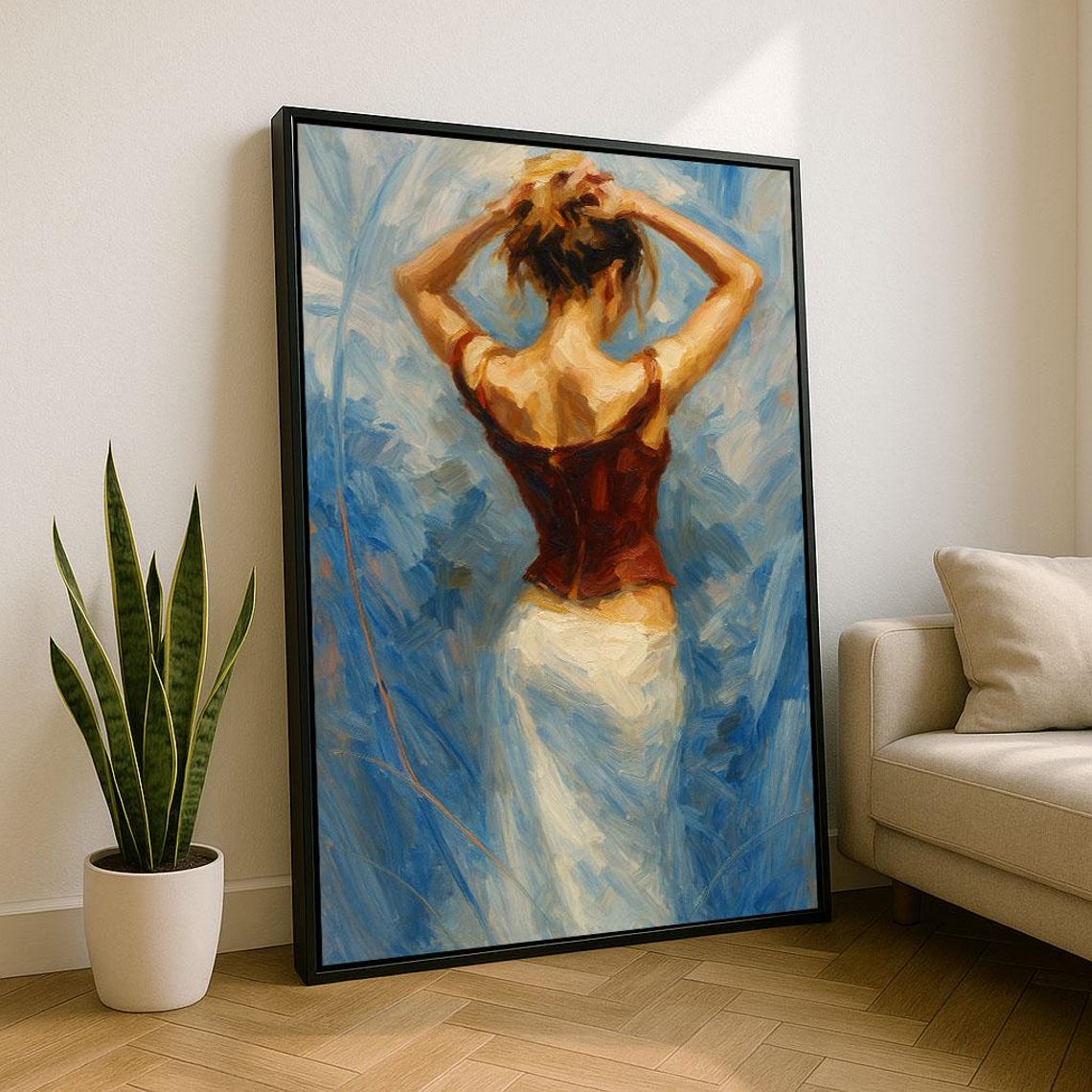 Elegant Woman In Red Blue Impressionist Painting Rear View Art Poster