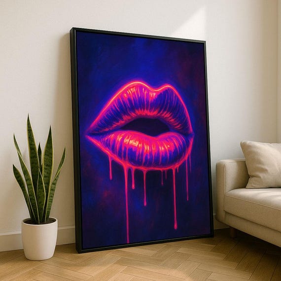 Vibrant Neon Lips Pop Art Canvas Wall Print Bold Living Room Decor Statement Piece