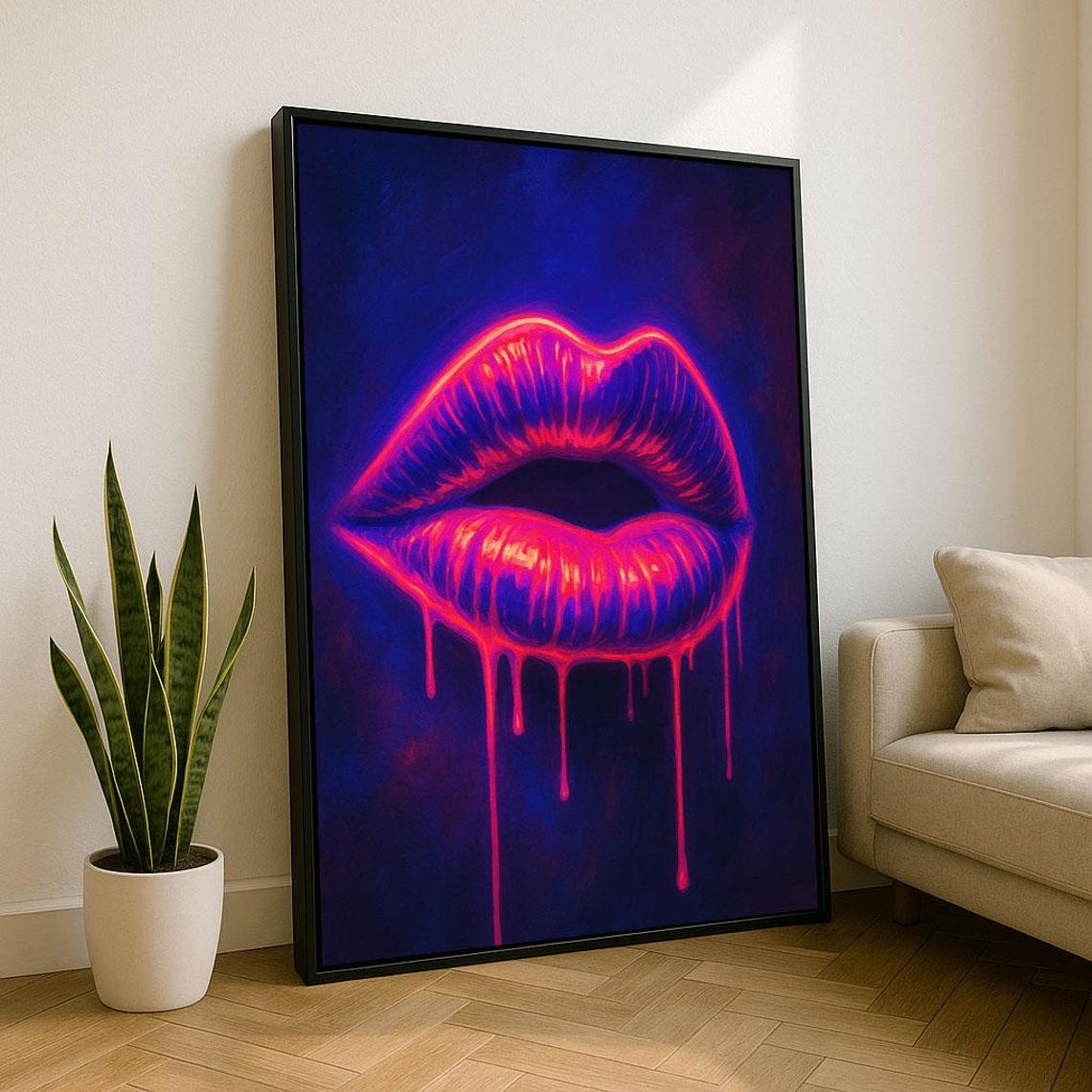 Neon Pink Dripping Lips Deep Blue Glow Modern Pop Art Poster