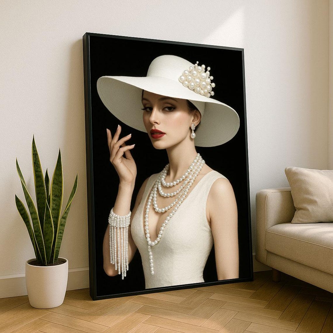 Woman in White Hat with Pearls Elegant Timeless Classic Fashion Poster