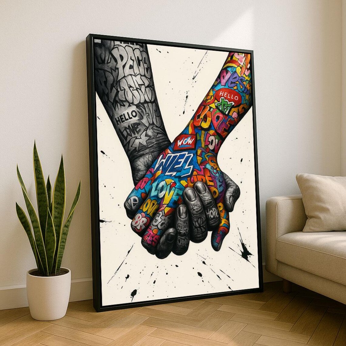 Graffiti Hands Holding Street Art Poster With Colorful Love Words