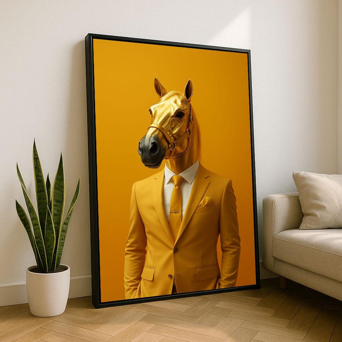 Dapper Horse Head Man In Gold Suit Against Orange Background Poster