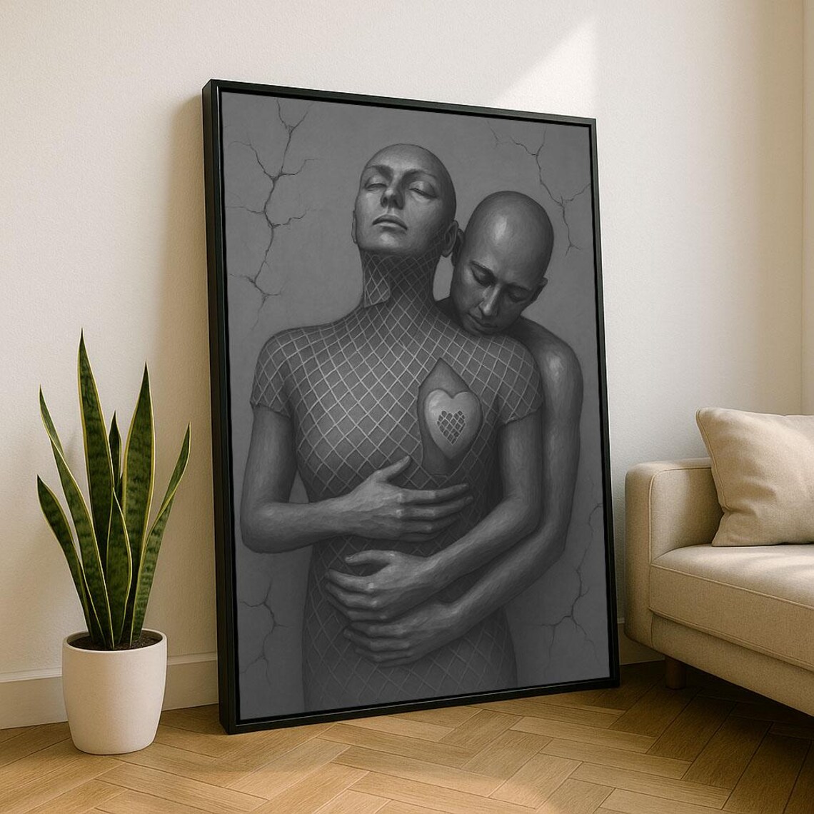 Greyscale Embrace Of Two Figures Holding Heart Stone Art Poster