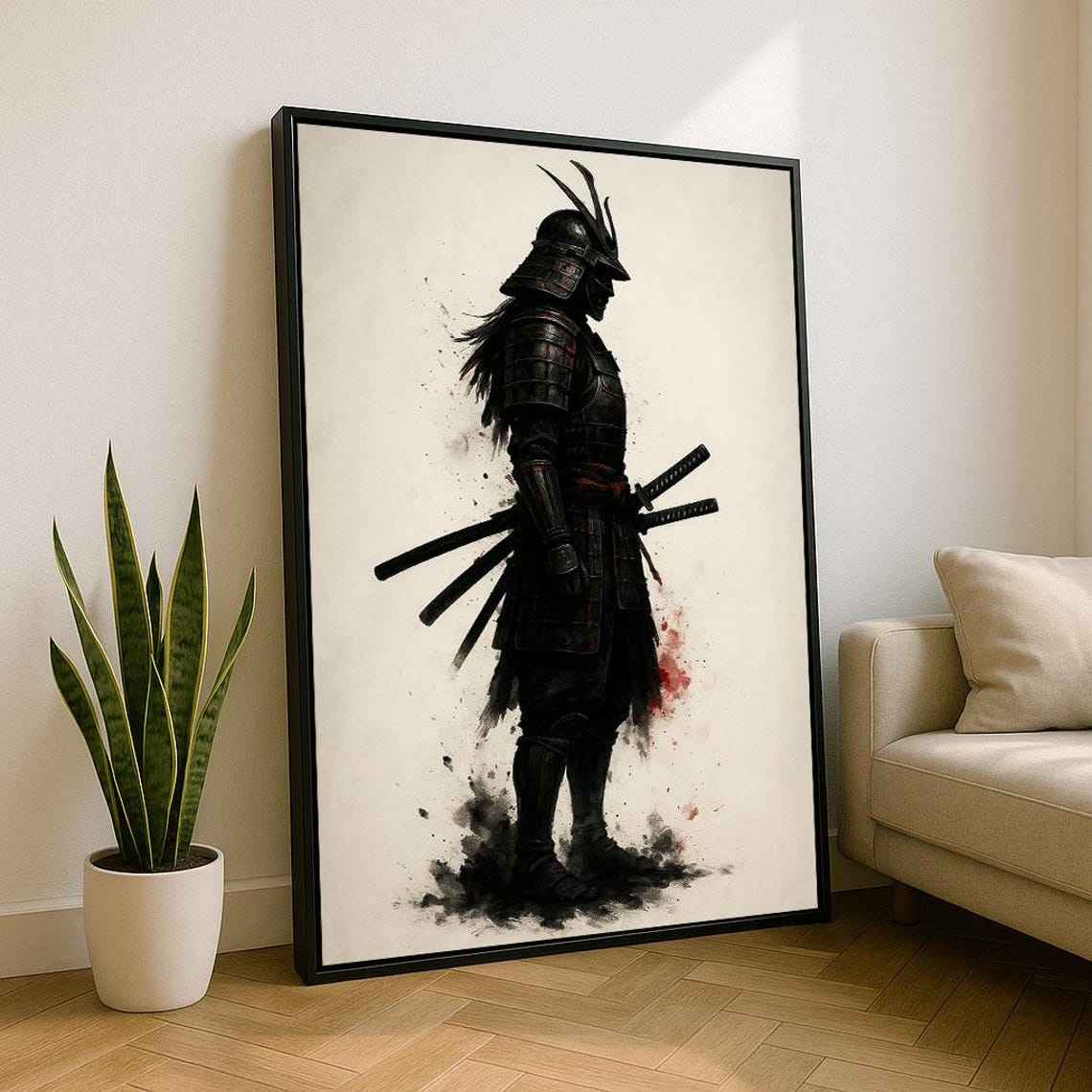 Fierce Samurai Warrior Black Armor Ink Splatter Red Accent Poster