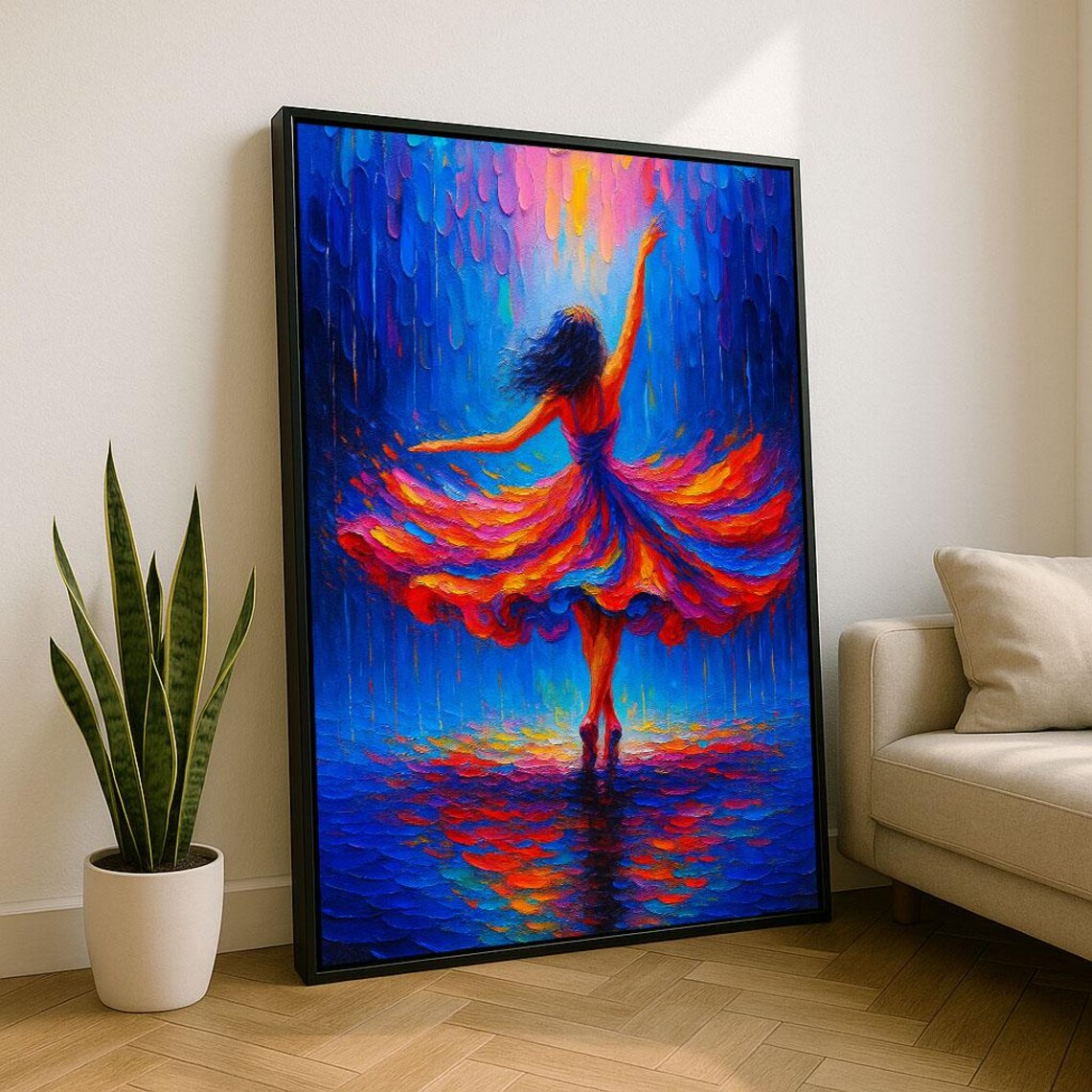 Woman Dancing In Colorful Rain Joyful Blue Abstract Art Poster