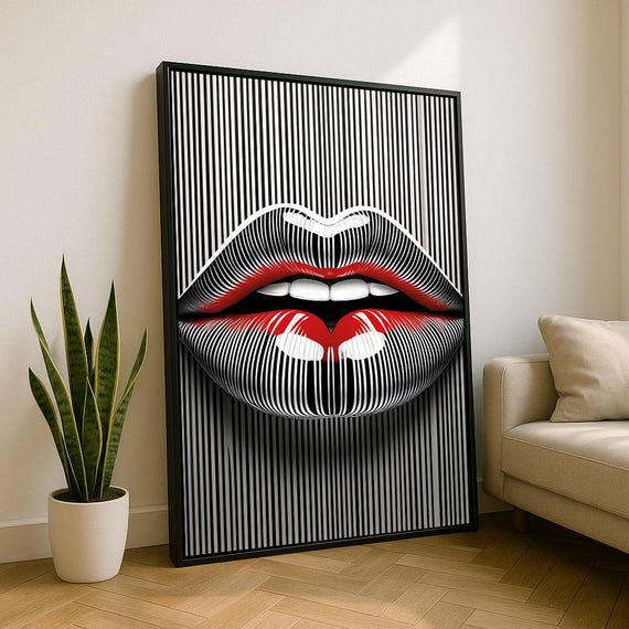 Bold Modern Lips Optical Illusion Canvas Wall Art Print Black And White Living Room Decor Statement Piece