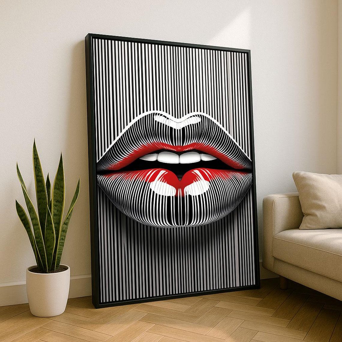 Red Lips With Fine Stripe Overlay Op Art Modern Black White Poster
