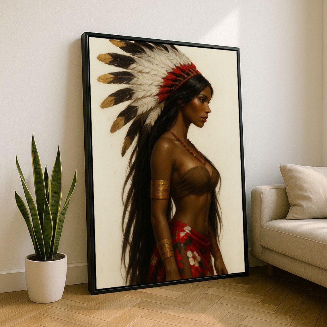 African Woman with Feather Headdress Regal Tribal Portrait Poster