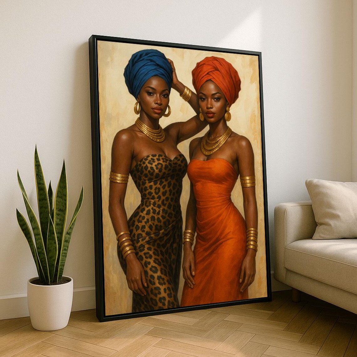 Two African Women Gold Jewelry Blue Orange Headwrap Portrait Poster