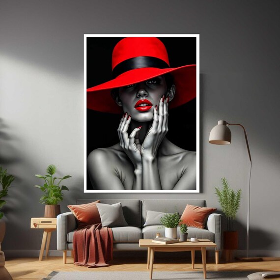 Woman Red Hat Black White Selective Color Glamorous Fashion Art Poster