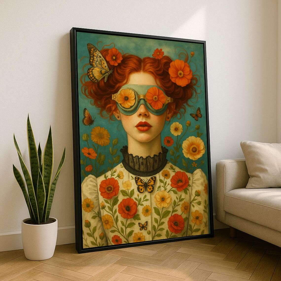 Whimsical Flower Goggles Woman Butterfly Floral Portrait Poster