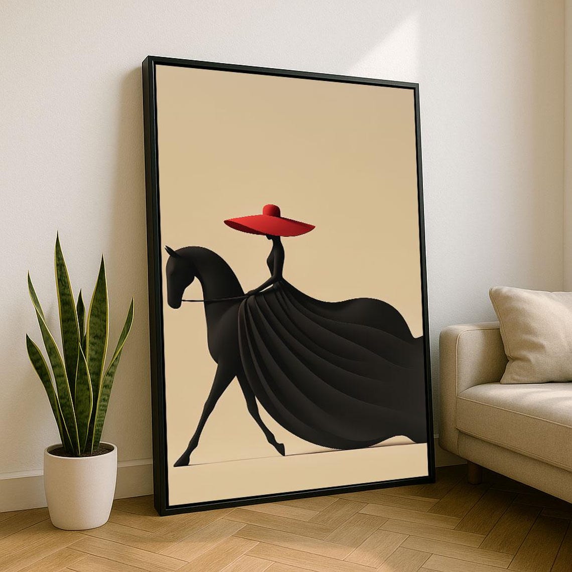 Elegant Lady on Black Horse in Red Hat Minimalist Silhouette Poster