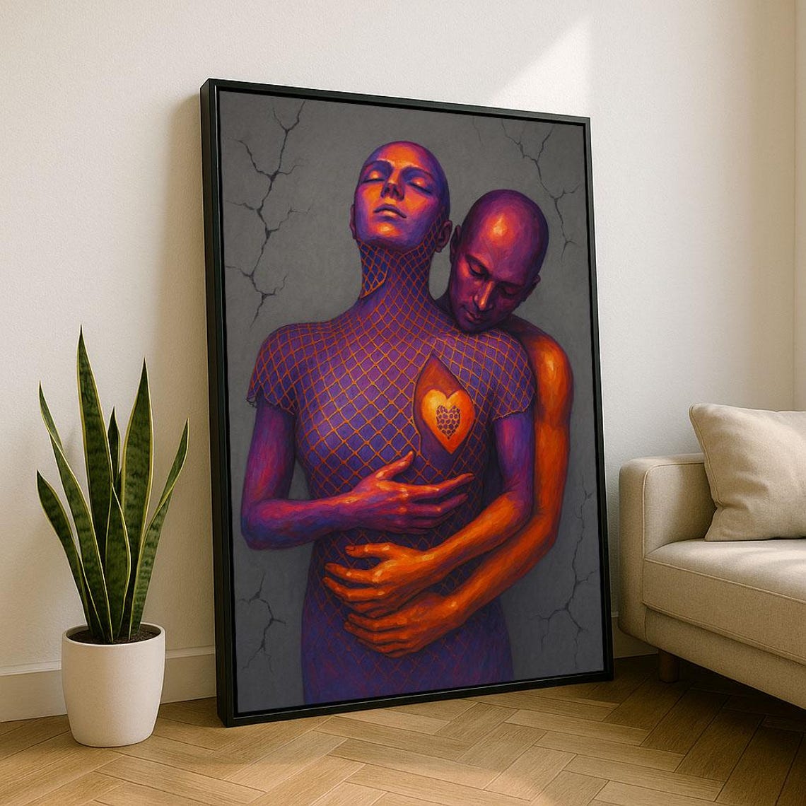 Intimate Embrace Glowing Heart Purple Orange Surreal Art Poster