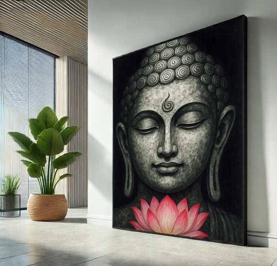 Black Stone Buddha Head with Pink Lotus Flower Zen Meditation Art Poster