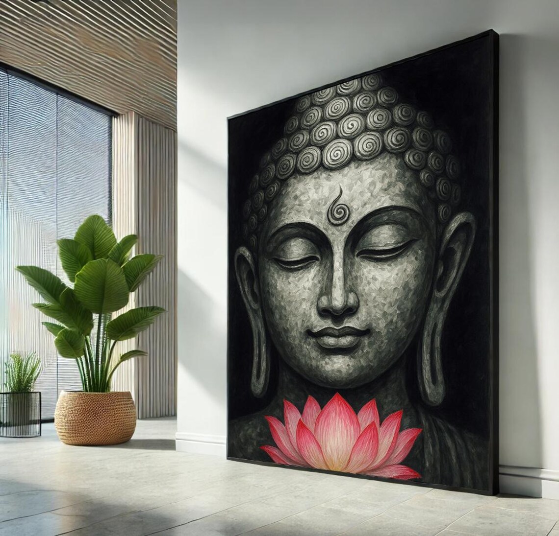 Black Stone Buddha Head with Pink Lotus Flower Zen Meditation Art Poster