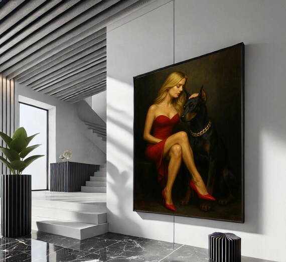 Elegant Woman in Red Dress with Doberman Gold Chain Classic Poster