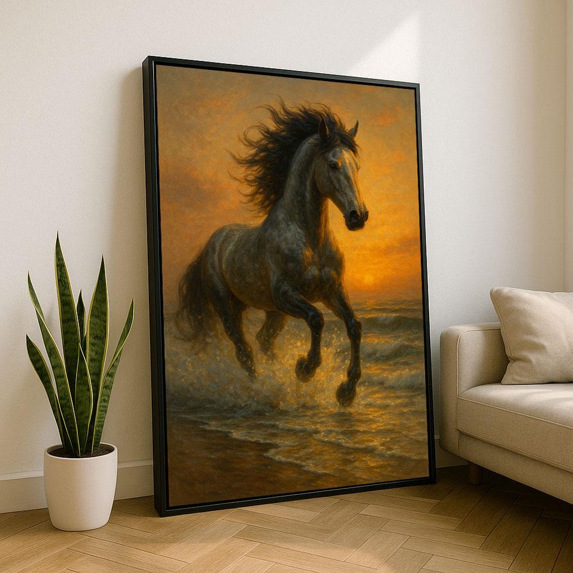 Black Horse Galloping Through Water at Golden Sunset Dramatic Poster