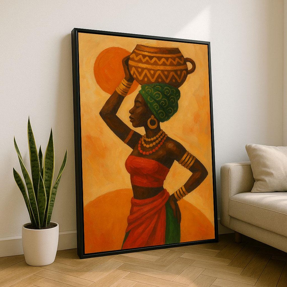 African Woman Carrying Decorated Pot At Orange Sunset Wall Art