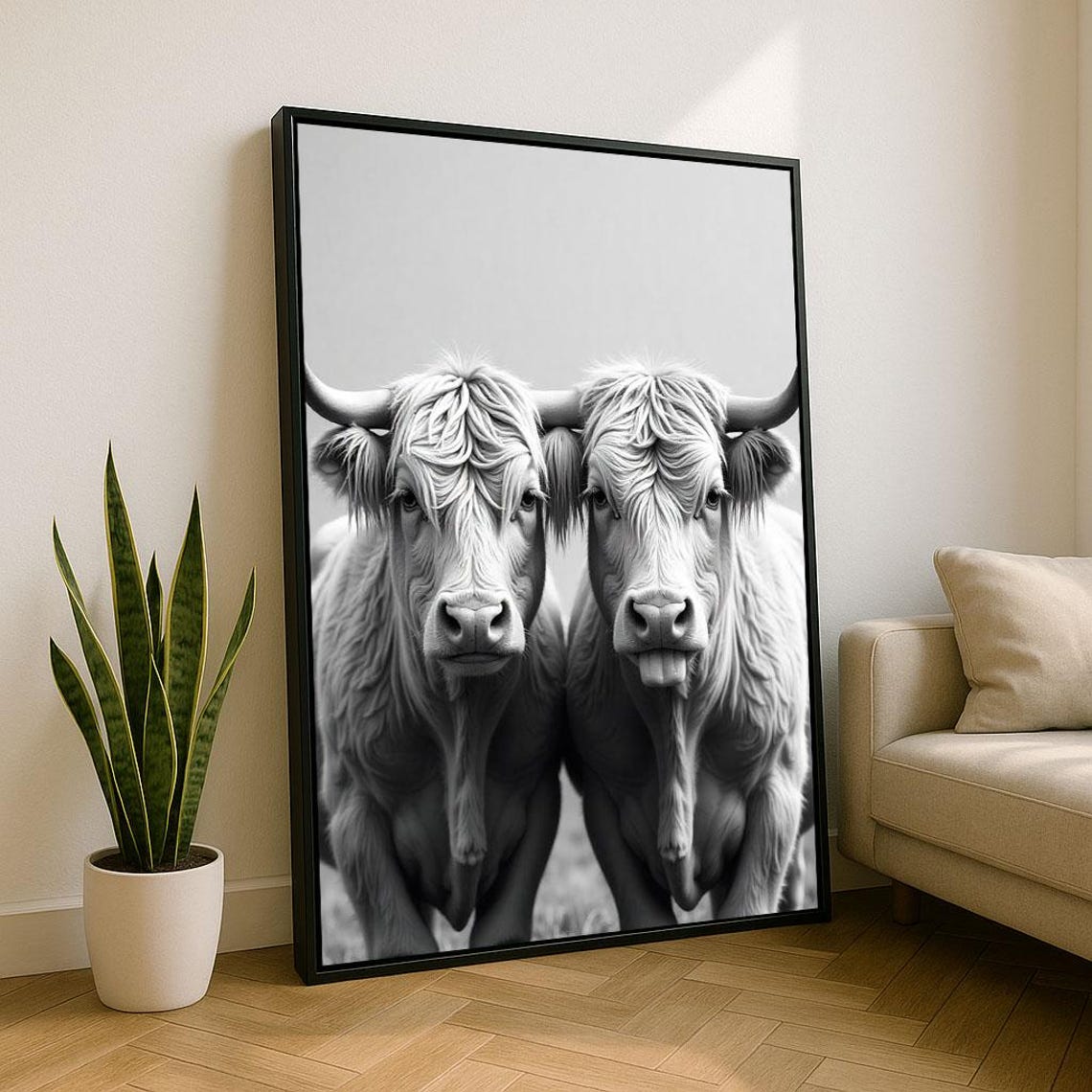 Highland Cows Pair Black And White Farm Animal Photography Wall Poster