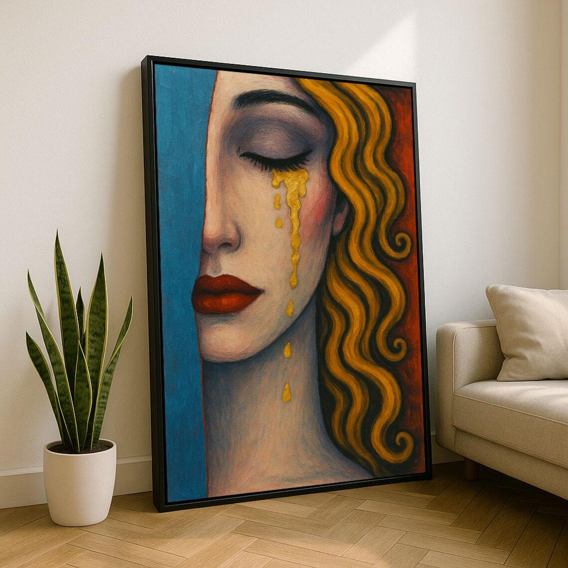 Woman Face With Golden Tears Blue And Gold Emotional Art Poster