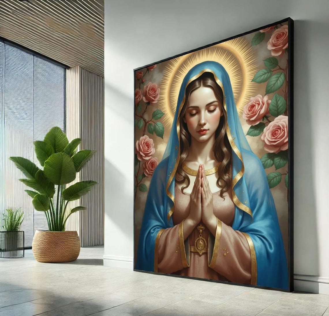 Virgin Mary Praying With Roses Blue Veil Sacred Devotional Art Poster