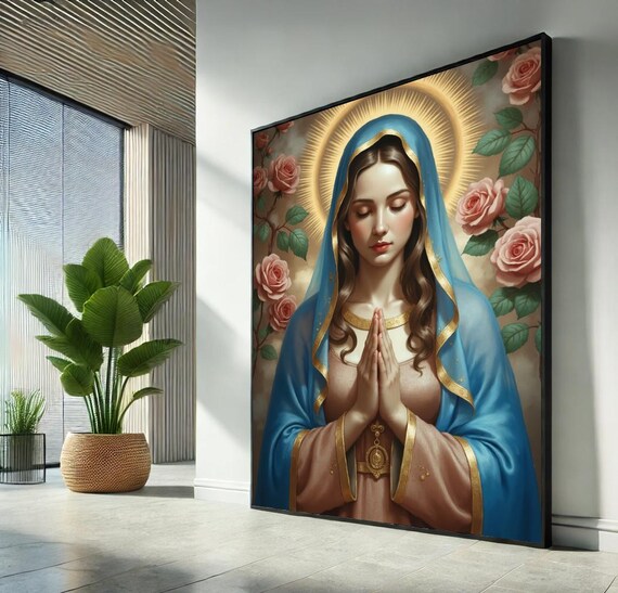 Virgin Mary Praying With Roses Blue Veil Sacred Devotional Art Poster