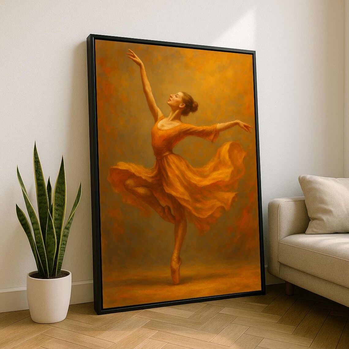 Elegant Ballerina in Flowing Orange Dress Warm Golden Tones Poster