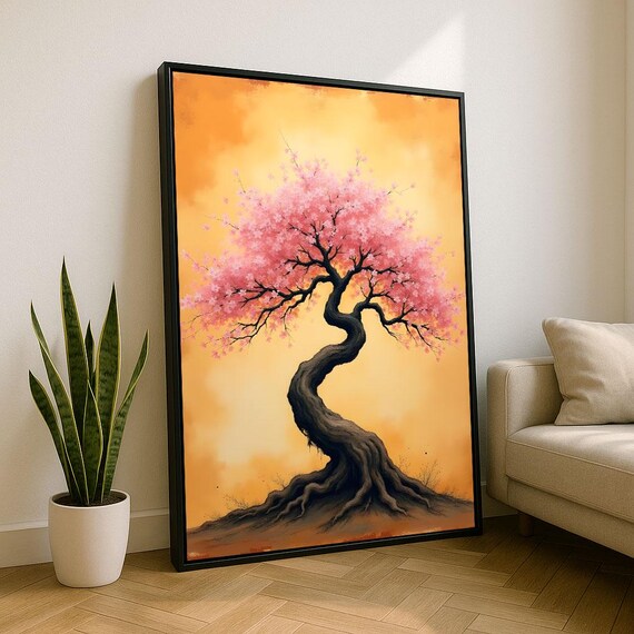 Serene Cherry Blossom Tree Golden Sunset Pink Floral Poster Art