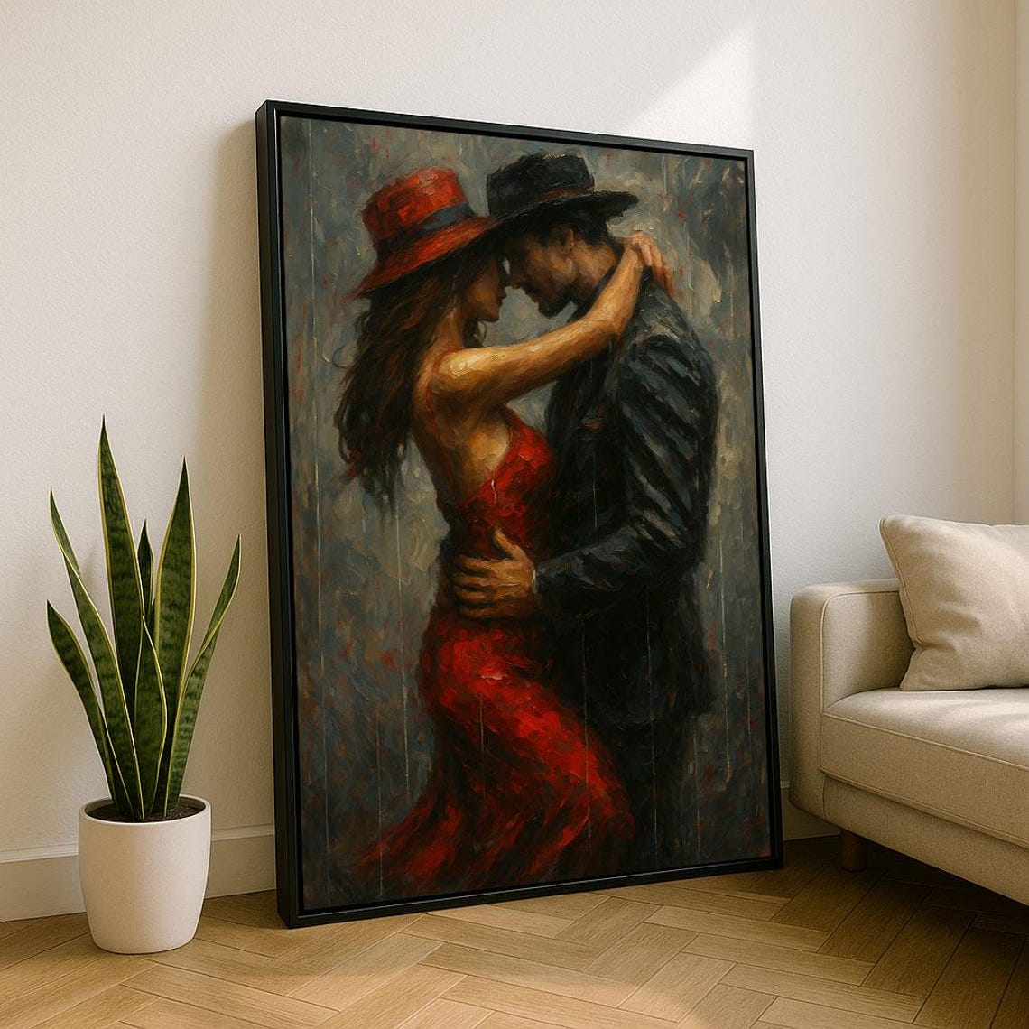 Passionate Tango Dancers Red Dress Fedora Romantic Painterly Poster