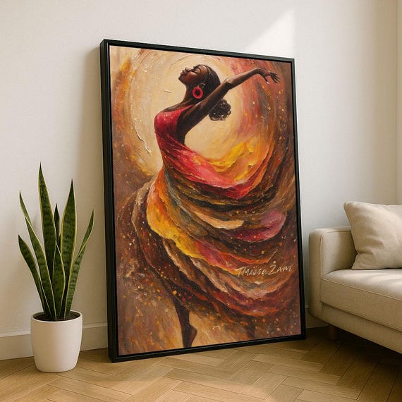 Graceful African Woman Dancing Canvas Wall Art Print Warm Living Room Decor Statement Piece