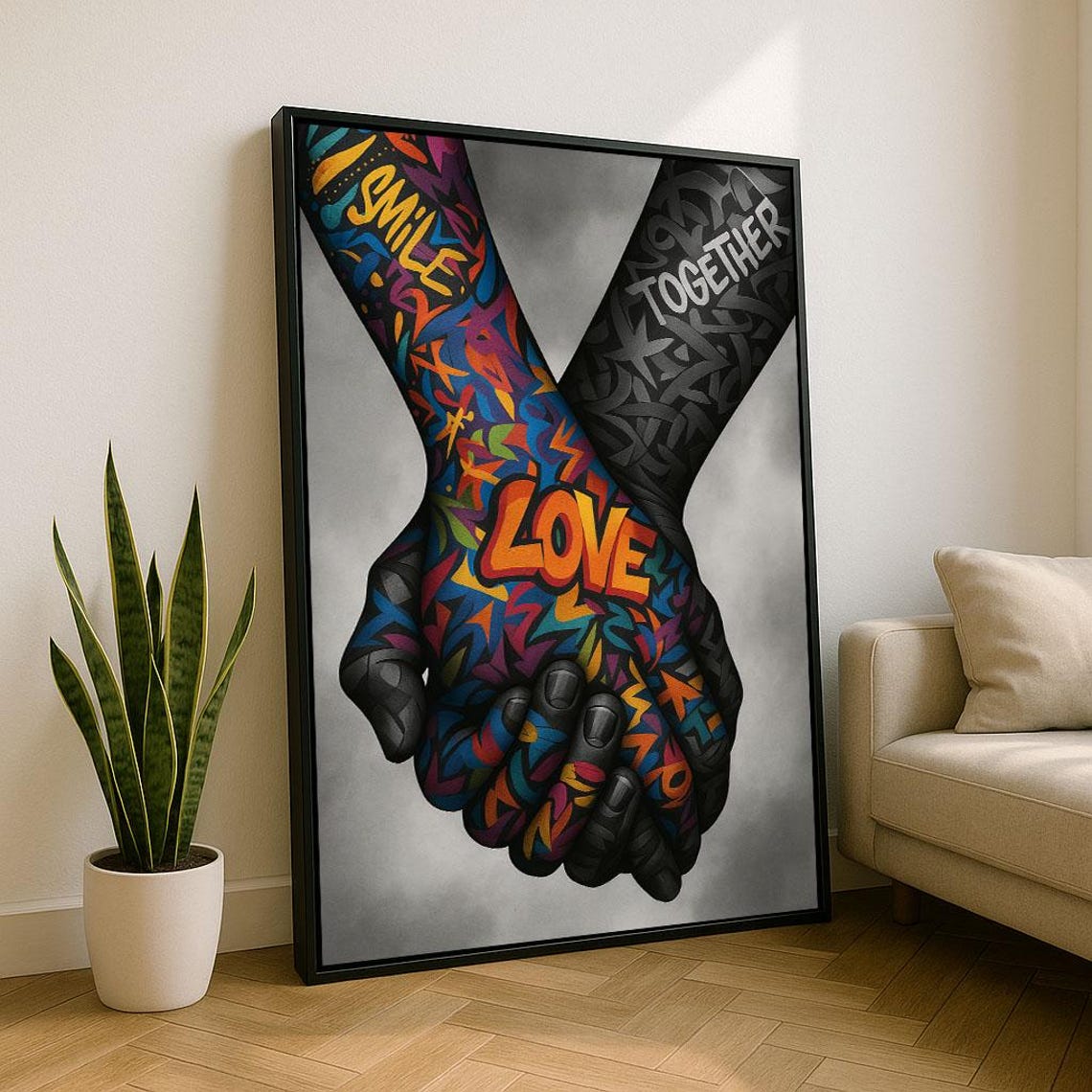 Vibrant Unity Hands Holding With Love Smile Graffiti Words Wall Art