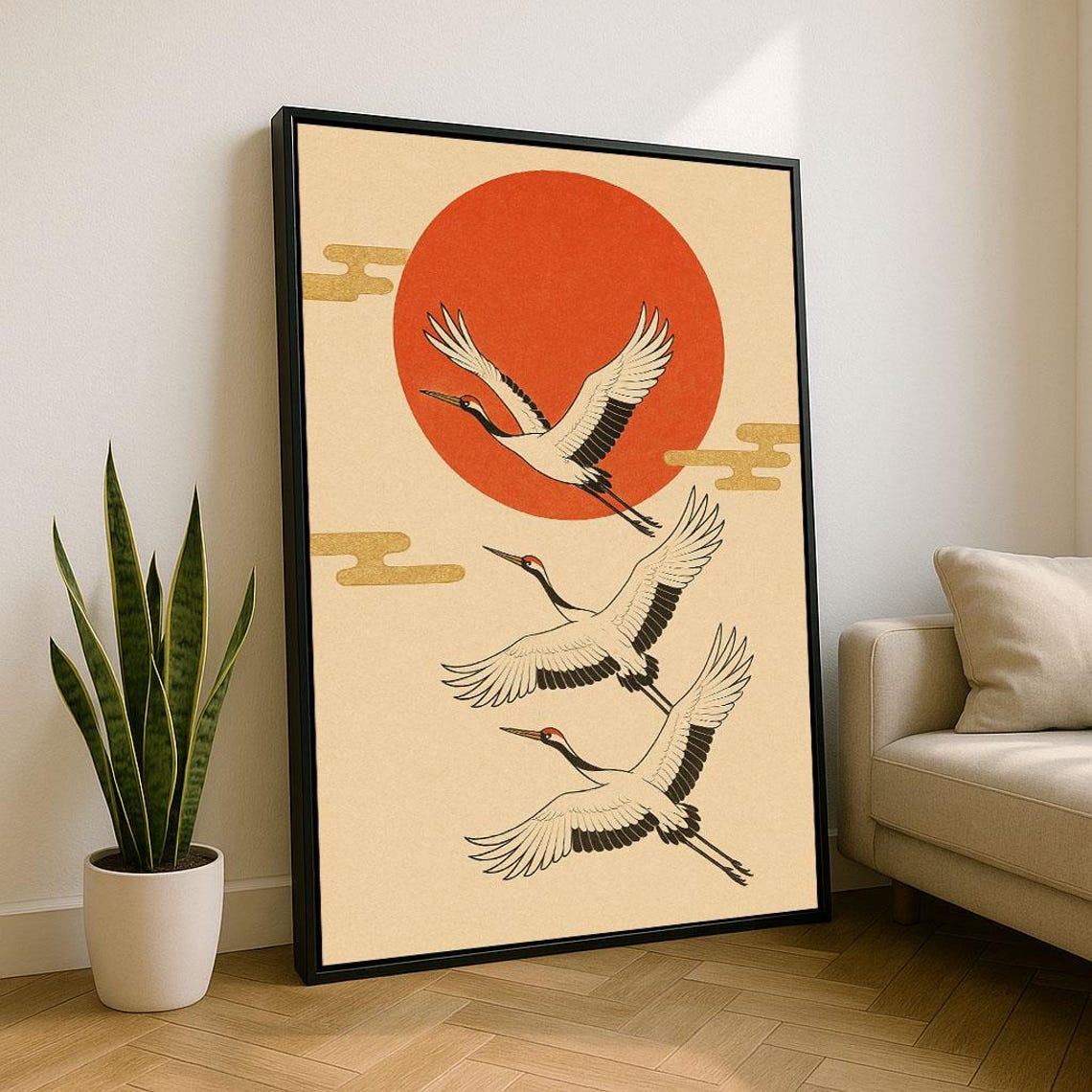 Three Cranes Flying Against Red Sun Japanese Style Art Poster