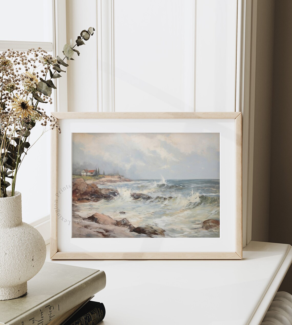 Rocky Coast with Crashing Waves Coastal Vintage Painting Poster - Image 4
