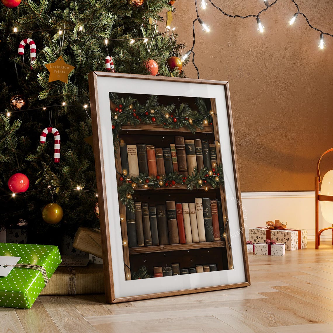 Christmas Bookshelf With Pine Garland And Twinkle Lights Cozy Poster - Image 8