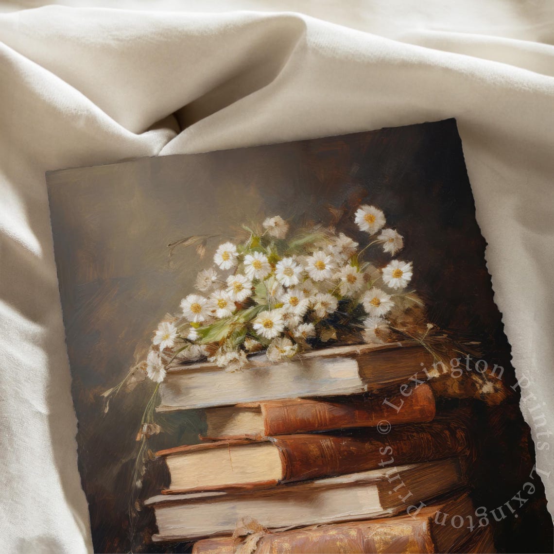 Vintage Stack of Books and White Daisy Bouquet Still Life Poster