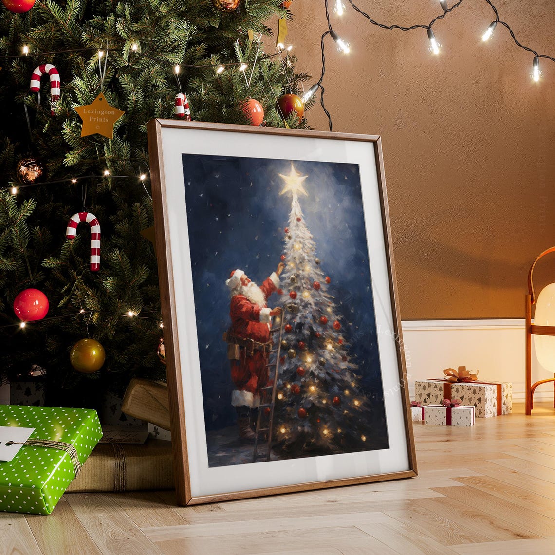 Santa Claus Decorating White Christmas Tree Night Scene Holiday Poster - Image 4