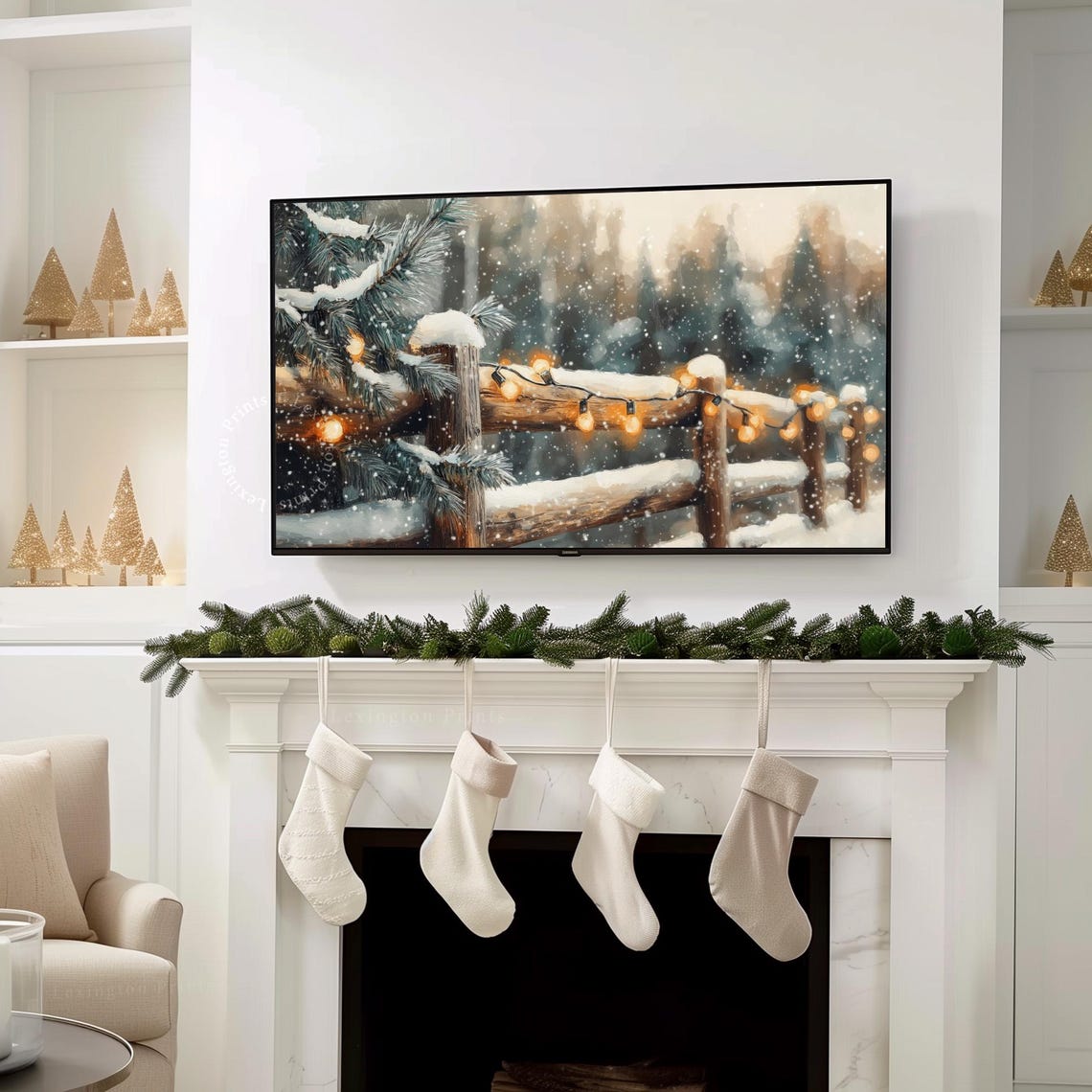 Rustic Christmas Lights Tv Art Christmas Frame Tv Art Country Christmas Tv Art Winter Tv Art Tree Painting White Holiday Home Decor 969 - Image 8