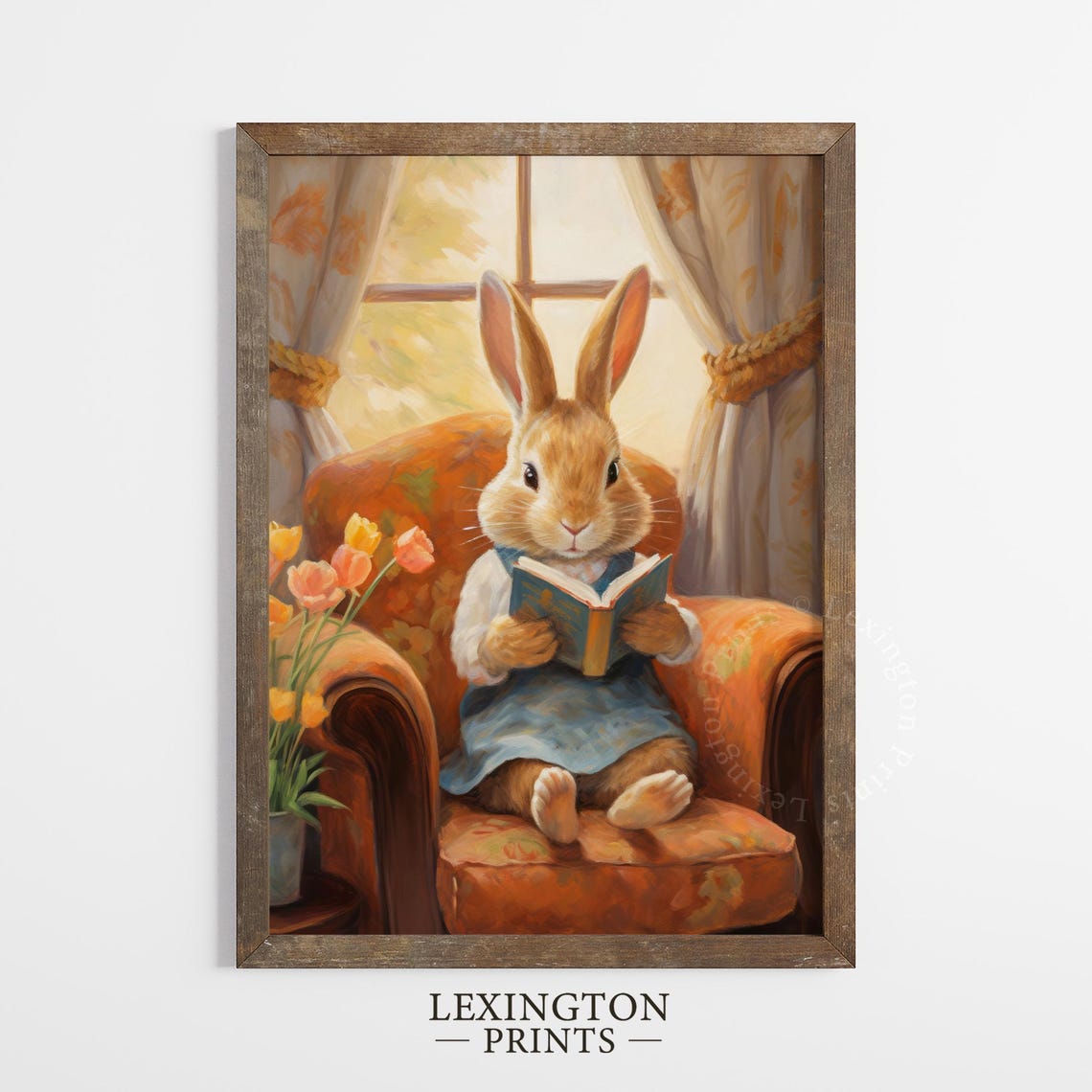 Easter Bunny Reading Book in Armchair with Tulips Vintage Wall Art - Image 2