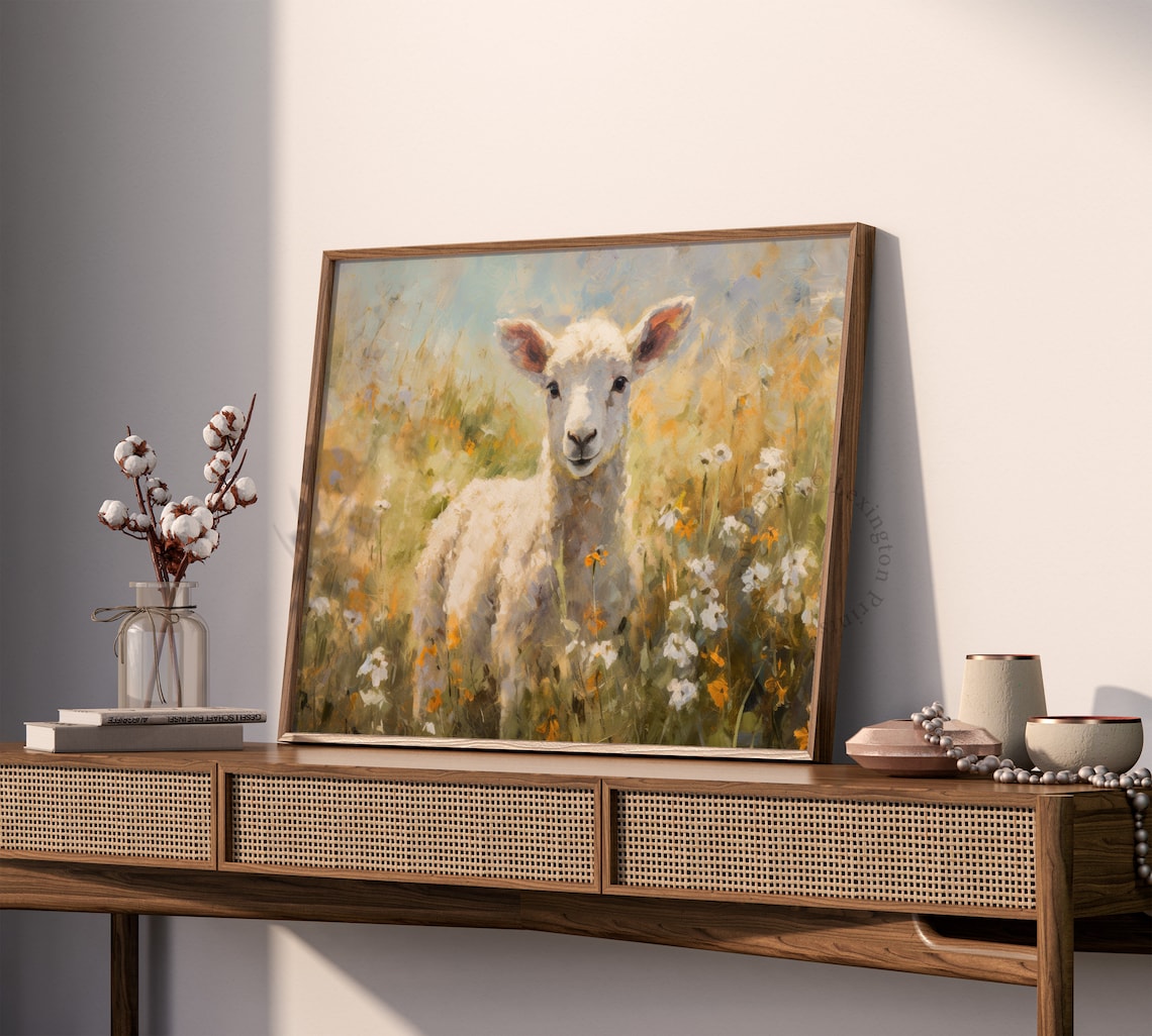 Sweet Lamb in Wildflower Meadow Soft Oil Painting Animal Wall Art - Image 7
